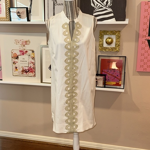 LN Mud Pie white cotton V neck shift dress w/gold embroidered embellishments. - Picture 2 of 4
